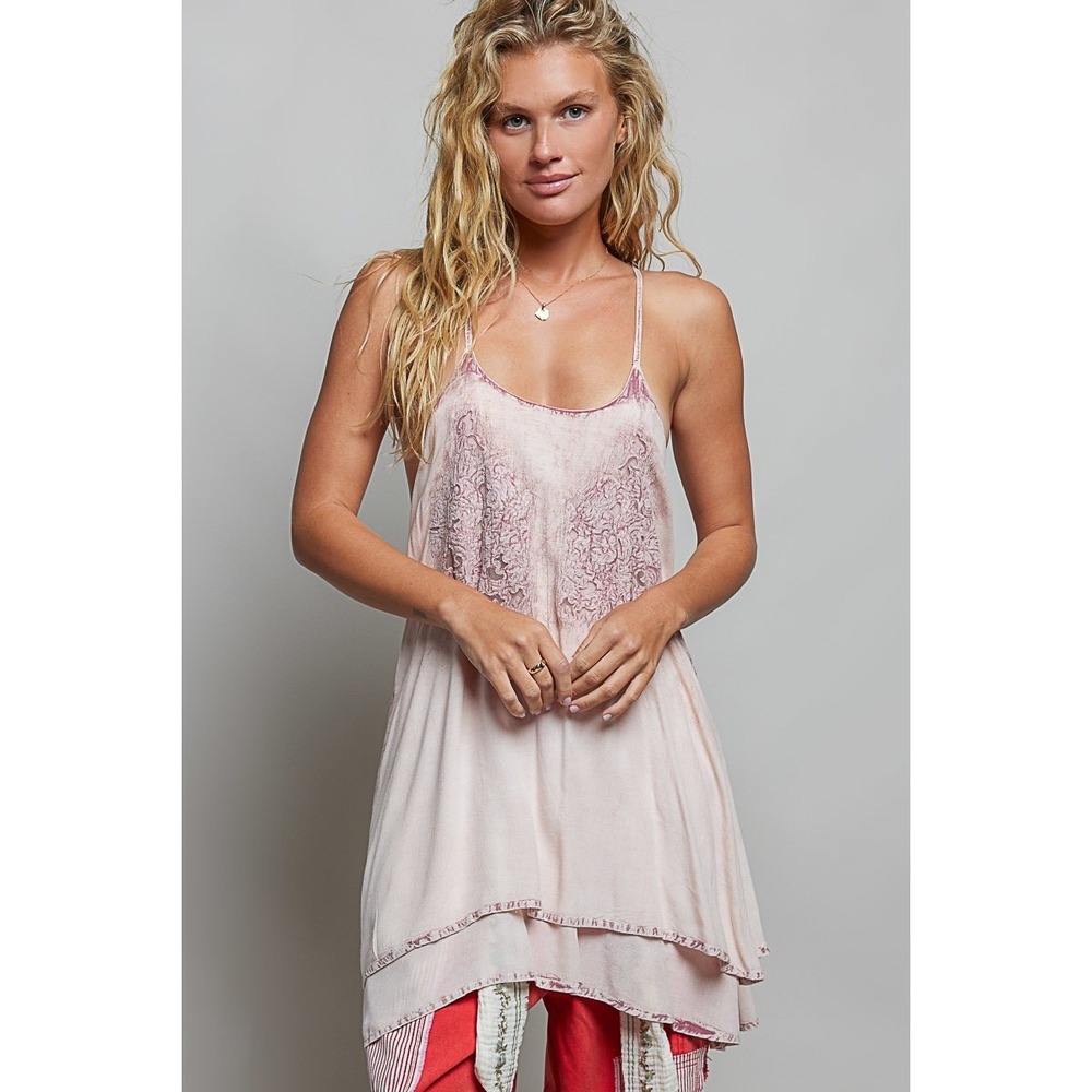 POL Solid Vintage Wash Embroidered Sleeveless Cotton Mini Dress - Rose Pink - Sm